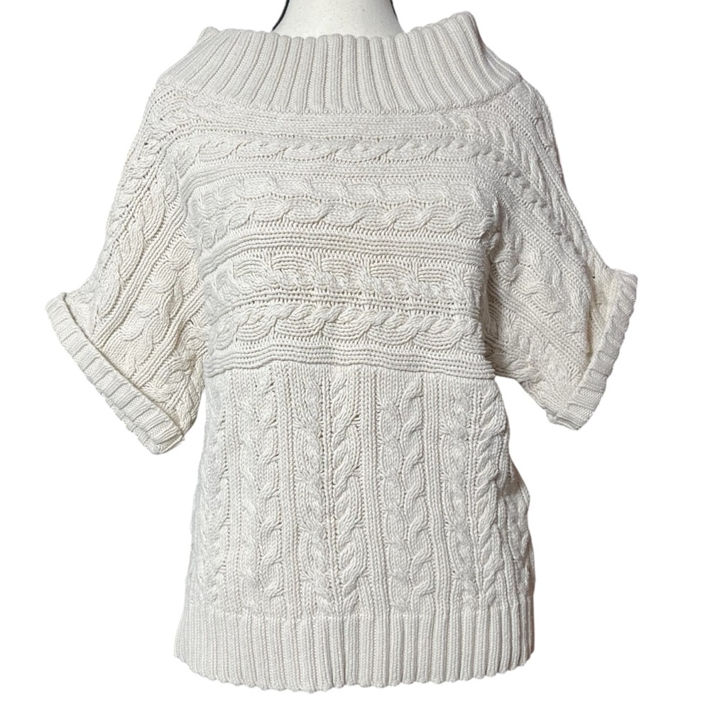 Express Cuffed Short Sleeve Cream Wide Mock Neck‎ Cable Knit Sweater Sz. L